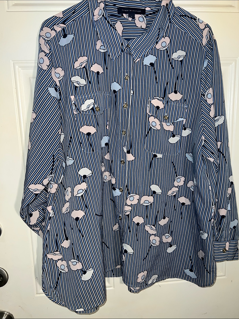 Tommy Hilfiger Navy Stripe Button-Up Shirt with Pink & Light Blue Floral Print